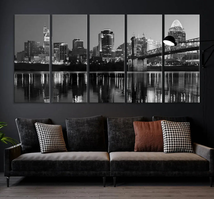 Black and White Cincinnati City Bridge Night Lights Wall Art Framed Canvas Print