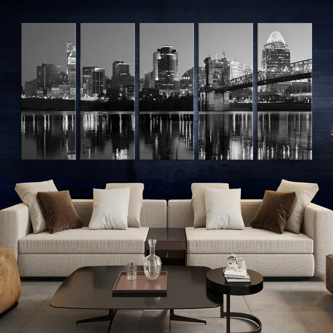 Black and White Cincinnati City Bridge Night Lights Wall Art Framed Canvas Print