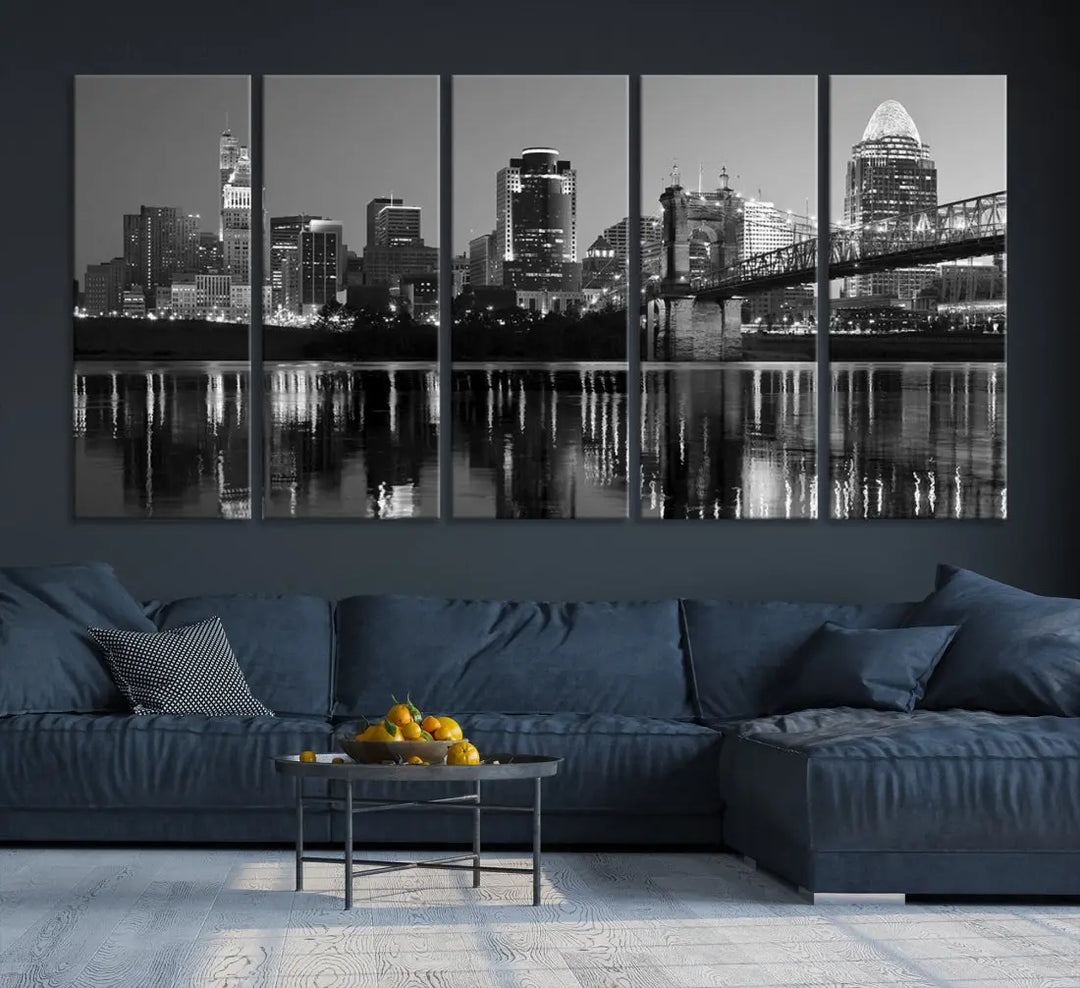 Black and White Cincinnati City Bridge Night Lights Wall Art Framed Canvas Print