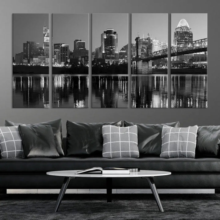 Black and White Cincinnati City Bridge Night Lights Wall Art Framed Canvas Print