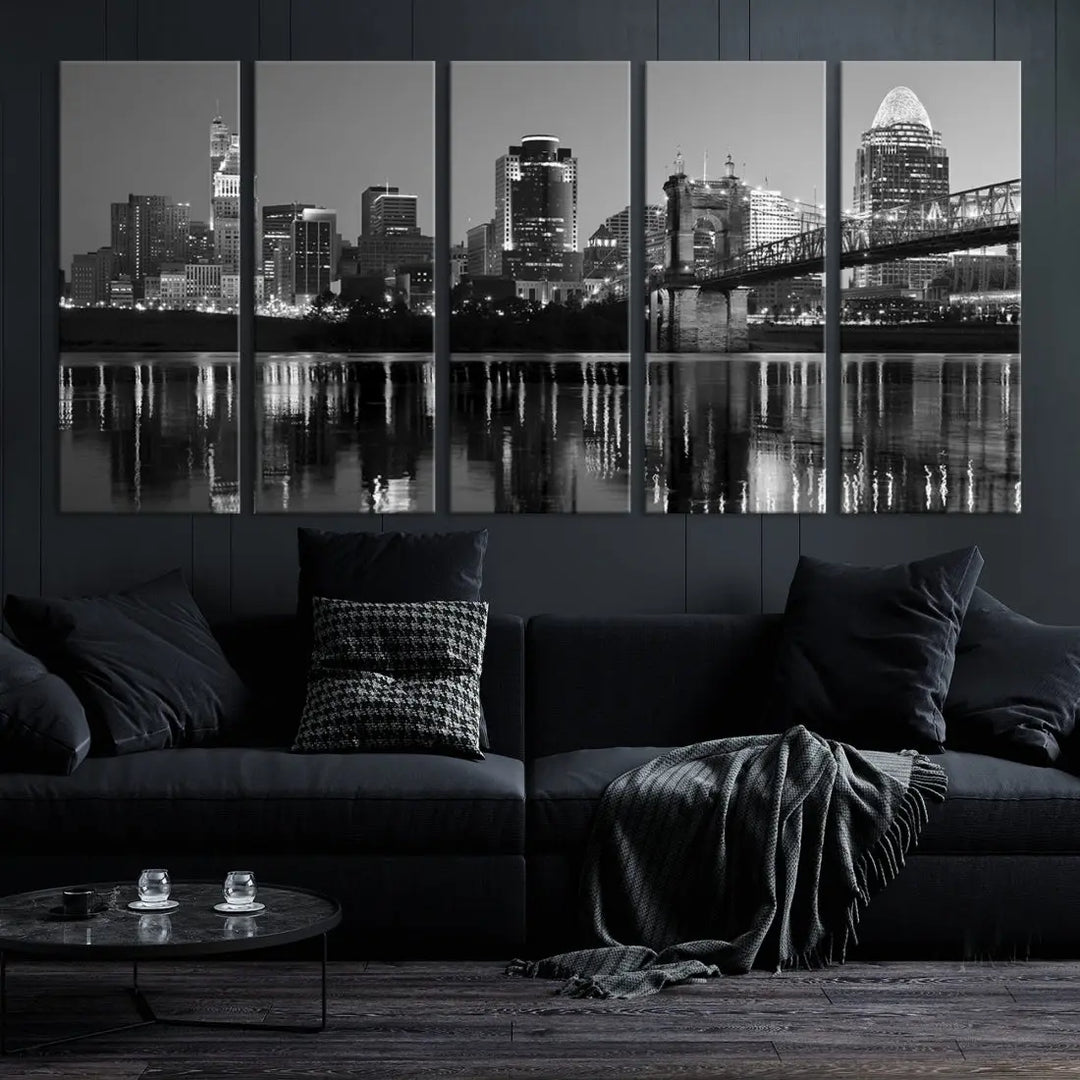 Black and White Cincinnati City Bridge Night Lights Wall Art Framed Canvas Print