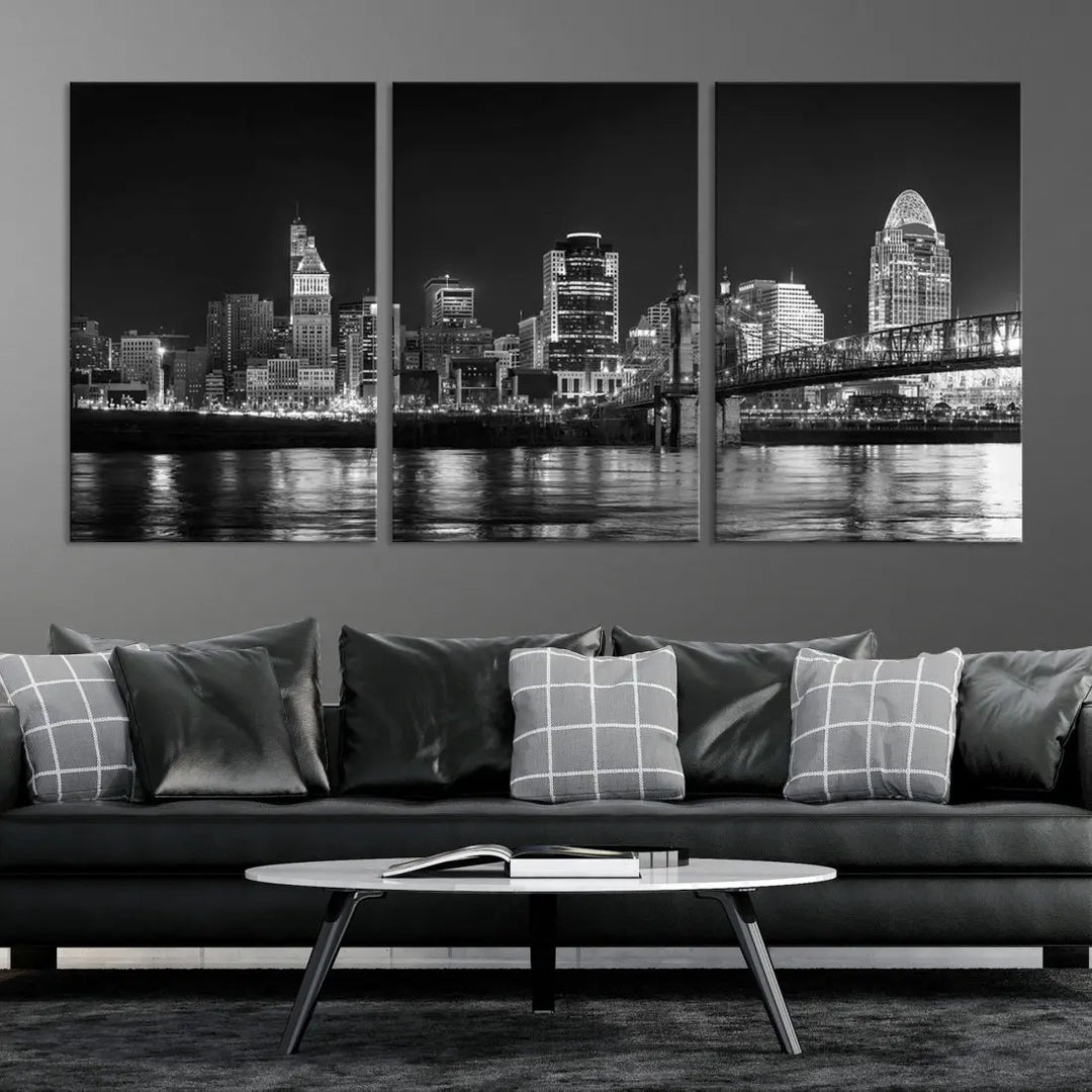 Black and White Cincinnati Print Large Skyline Wall Art Cityscape Canvas