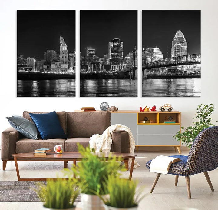 Black and White Cincinnati Print Large Skyline Wall Art Cityscape Canvas