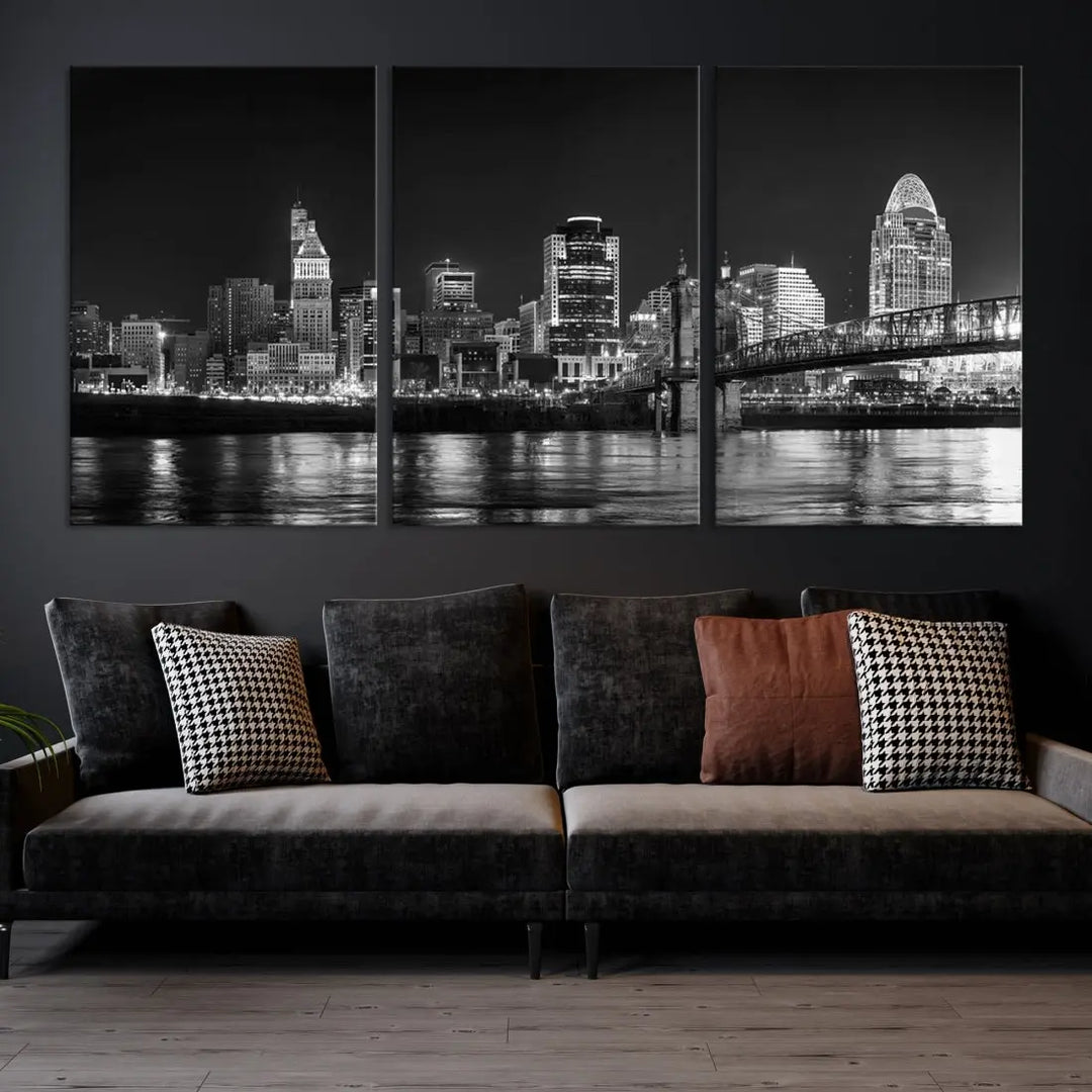 Black and White Cincinnati Print Large Skyline Wall Art Cityscape Canvas