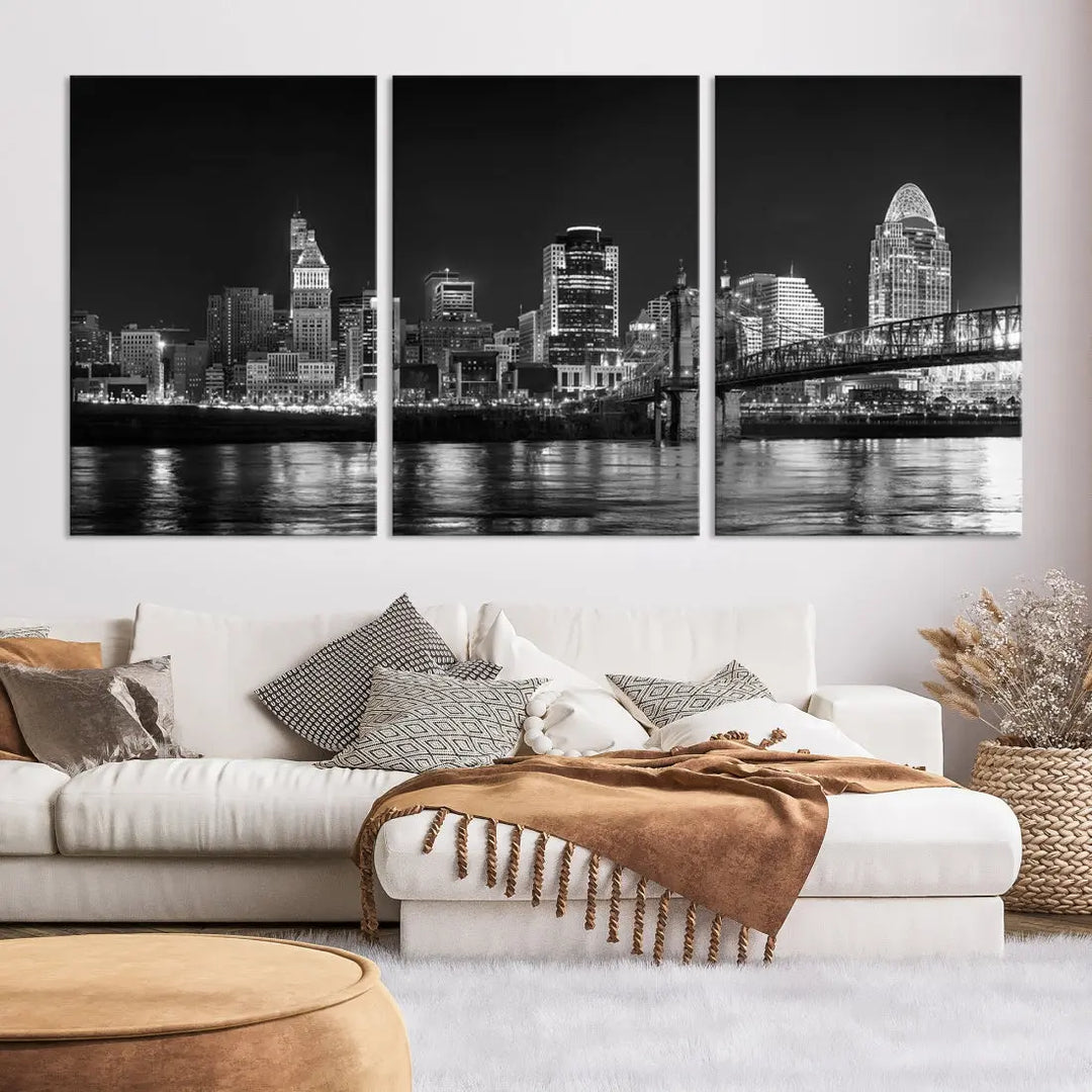 Black and White Cincinnati Print Large Skyline Wall Art Cityscape Canvas