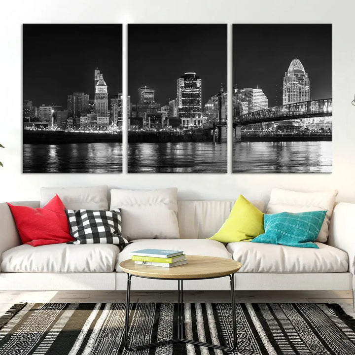 Black and White Cincinnati Print Large Skyline Wall Art Cityscape Canvas