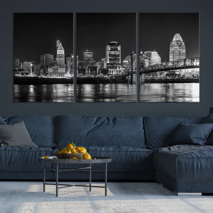 Black and White Cincinnati Print Large Skyline Wall Art Cityscape Canvas