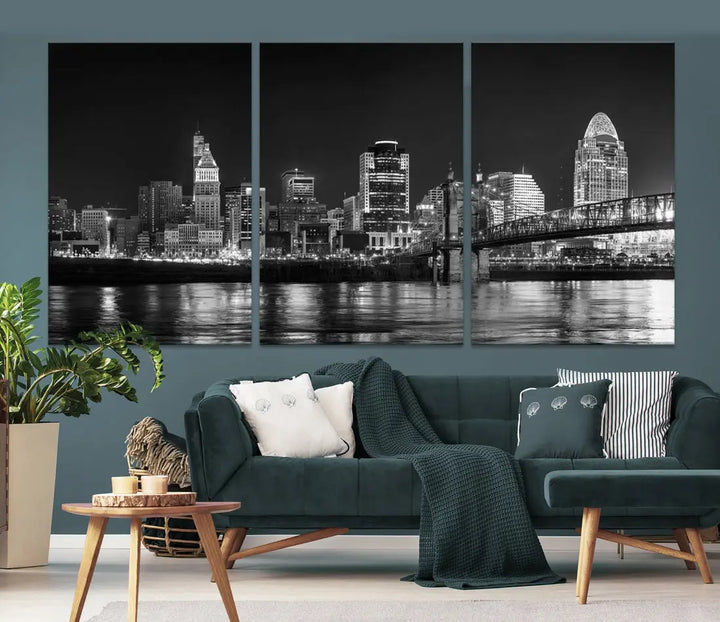 Black and White Cincinnati Print Large Skyline Wall Art Cityscape Canvas