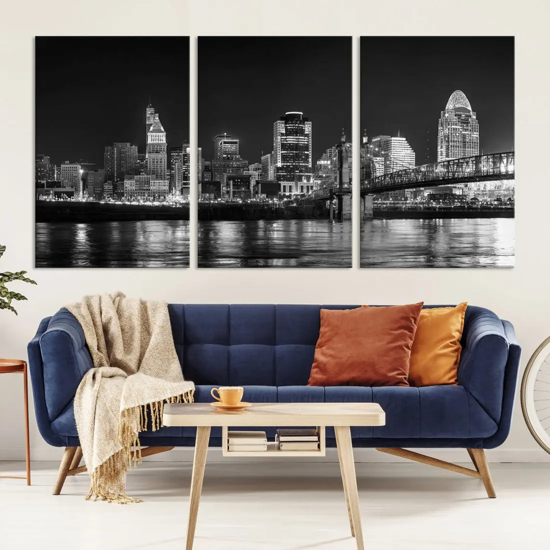 Black and White Cincinnati Print Large Skyline Wall Art Cityscape Canvas