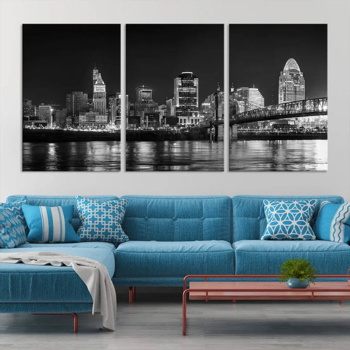 Black and White Cincinnati Print Large Skyline Wall Art Cityscape Canvas