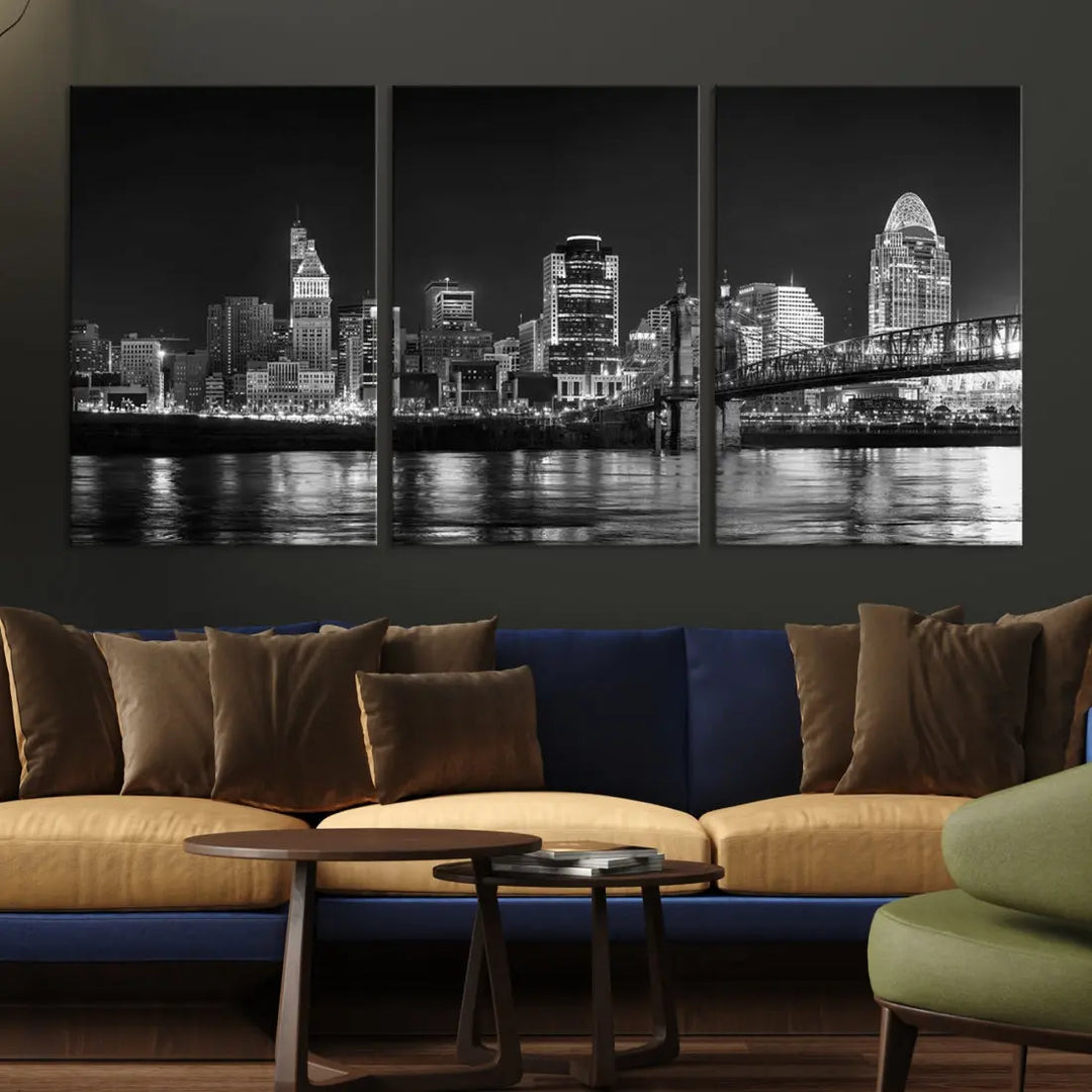 Black and White Cincinnati Print Large Skyline Wall Art Cityscape Canvas