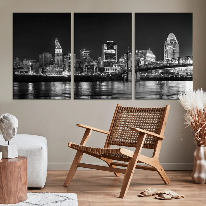 Black and White Cincinnati Print Large Skyline Wall Art Cityscape Canvas