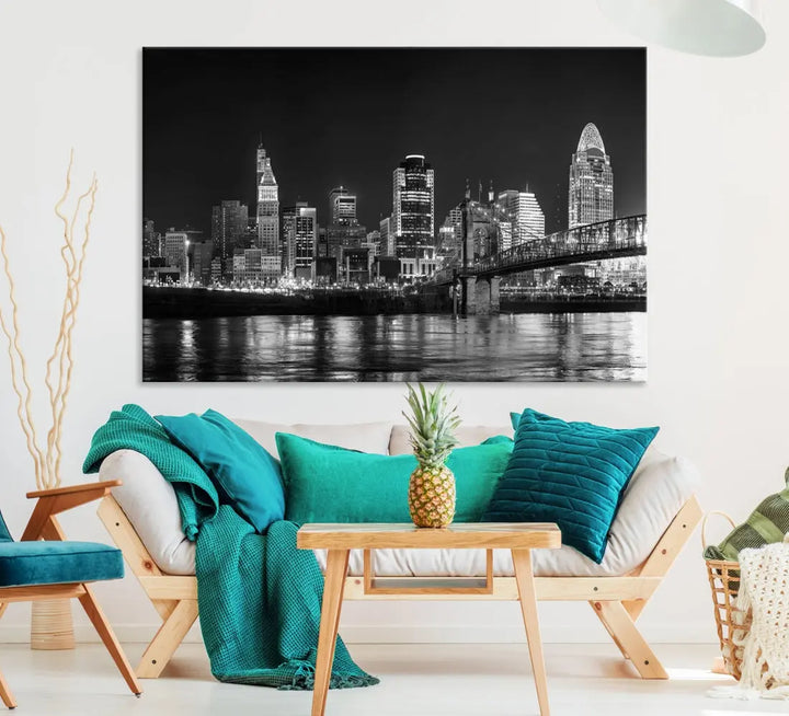 Black and White Cincinnati Print Large Skyline Wall Art Cityscape Canvas