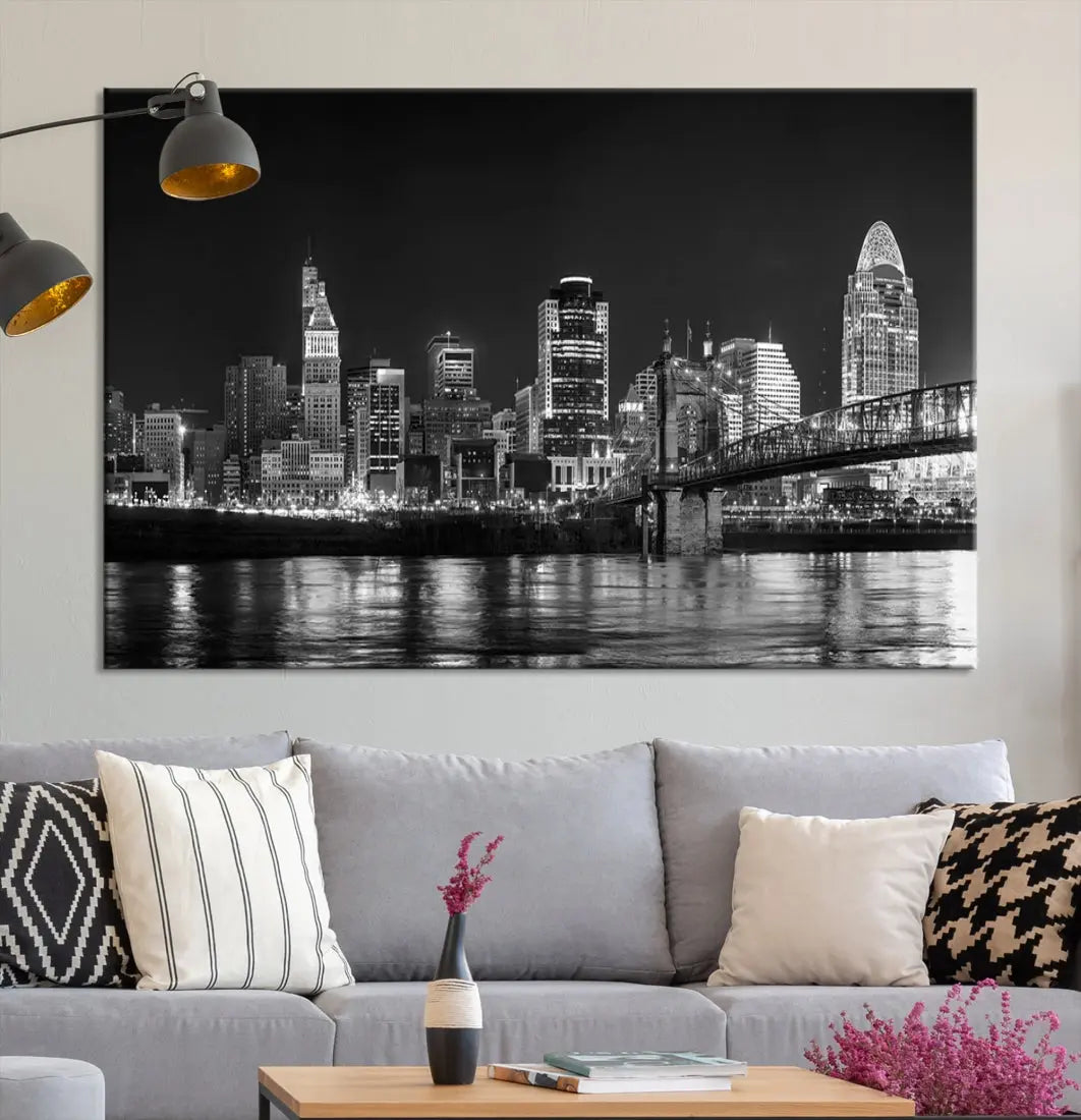 Black and White Cincinnati Print Large Skyline Wall Art Cityscape Canvas