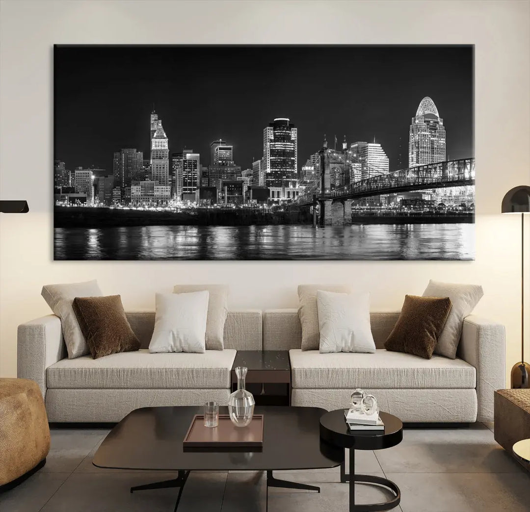 Black and White Cincinnati Print Large Skyline Wall Art Cityscape Canvas