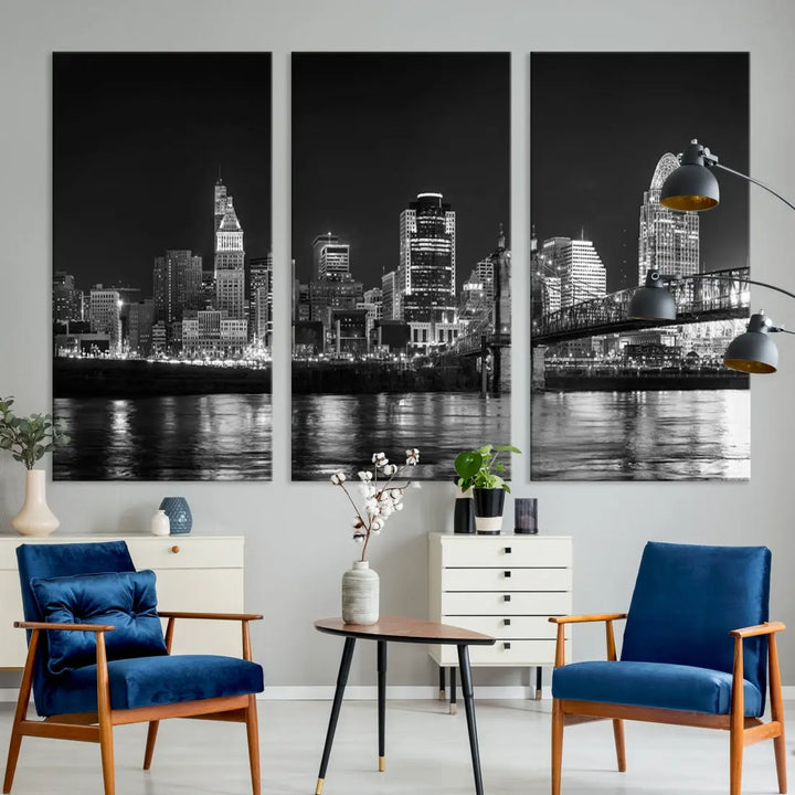 Black and White Cincinnati Print Large Skyline Wall Art Cityscape Canvas