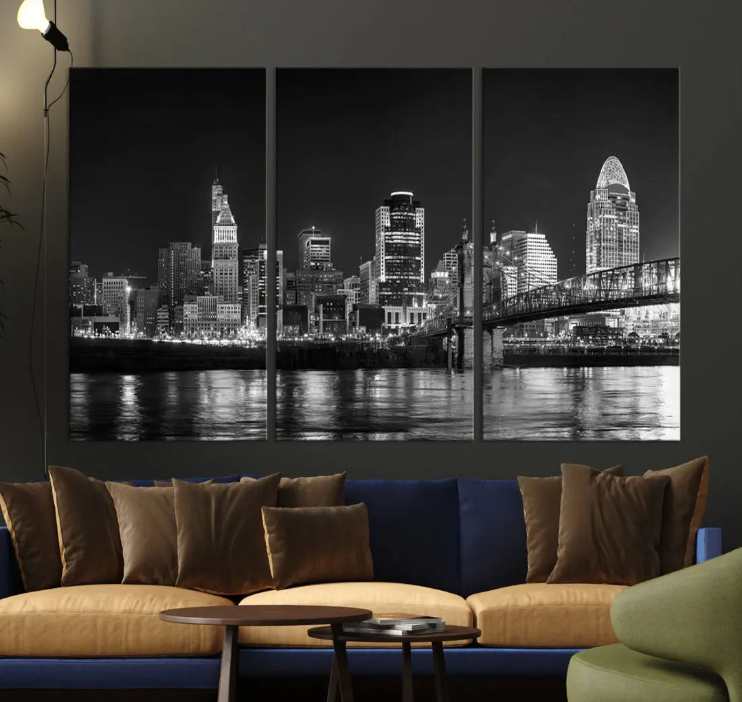 Black and White Cincinnati Print Large Skyline Wall Art Cityscape Canvas