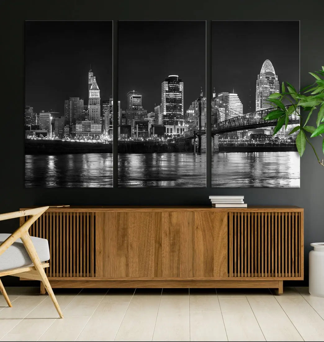 Black and White Cincinnati Print Large Skyline Wall Art Cityscape Canvas