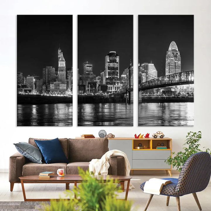 Black and White Cincinnati Print Large Skyline Wall Art Cityscape Canvas