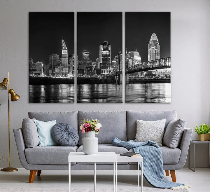 Black and White Cincinnati Print Large Skyline Wall Art Cityscape Canvas