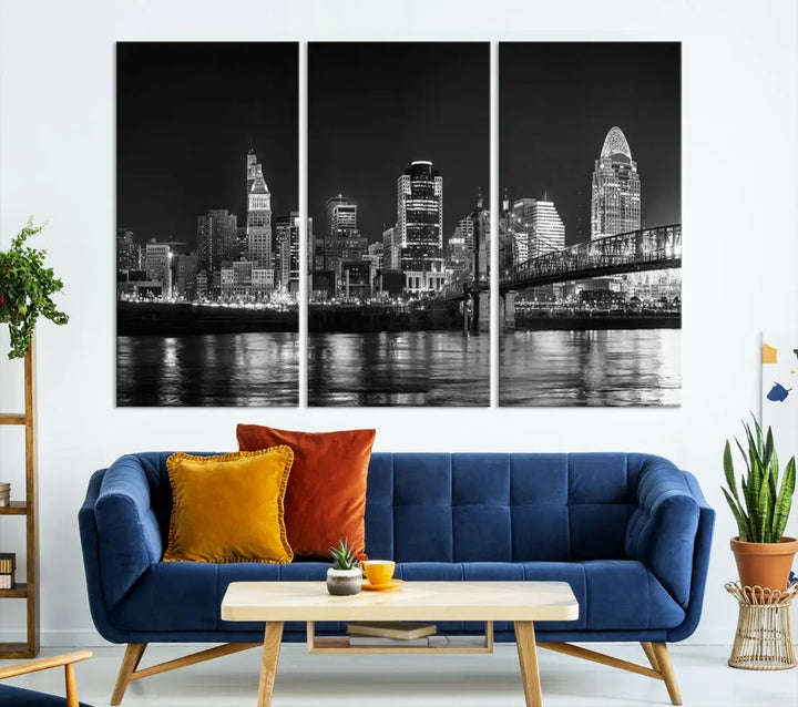 Black and White Cincinnati Print Large Skyline Wall Art Cityscape Canvas