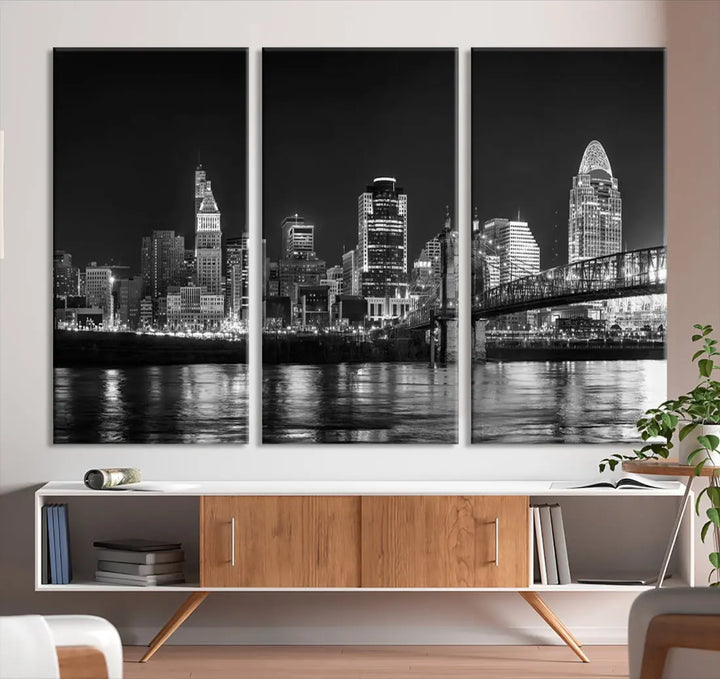 Black and White Cincinnati Print Large Skyline Wall Art Cityscape Canvas