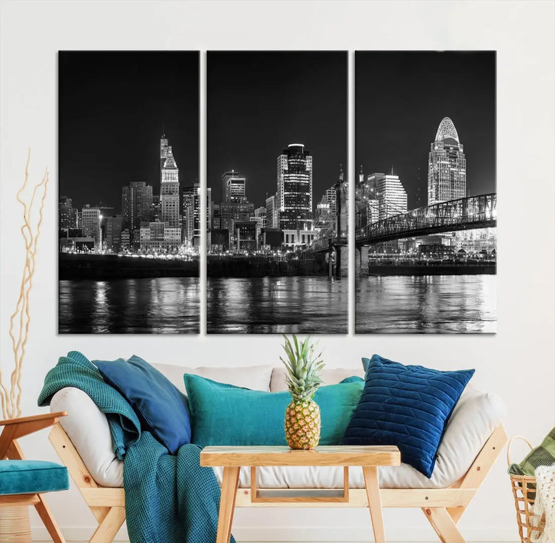 Black and White Cincinnati Print Large Skyline Wall Art Cityscape Canvas