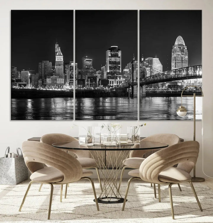 Black and White Cincinnati Print Large Skyline Wall Art Cityscape Canvas