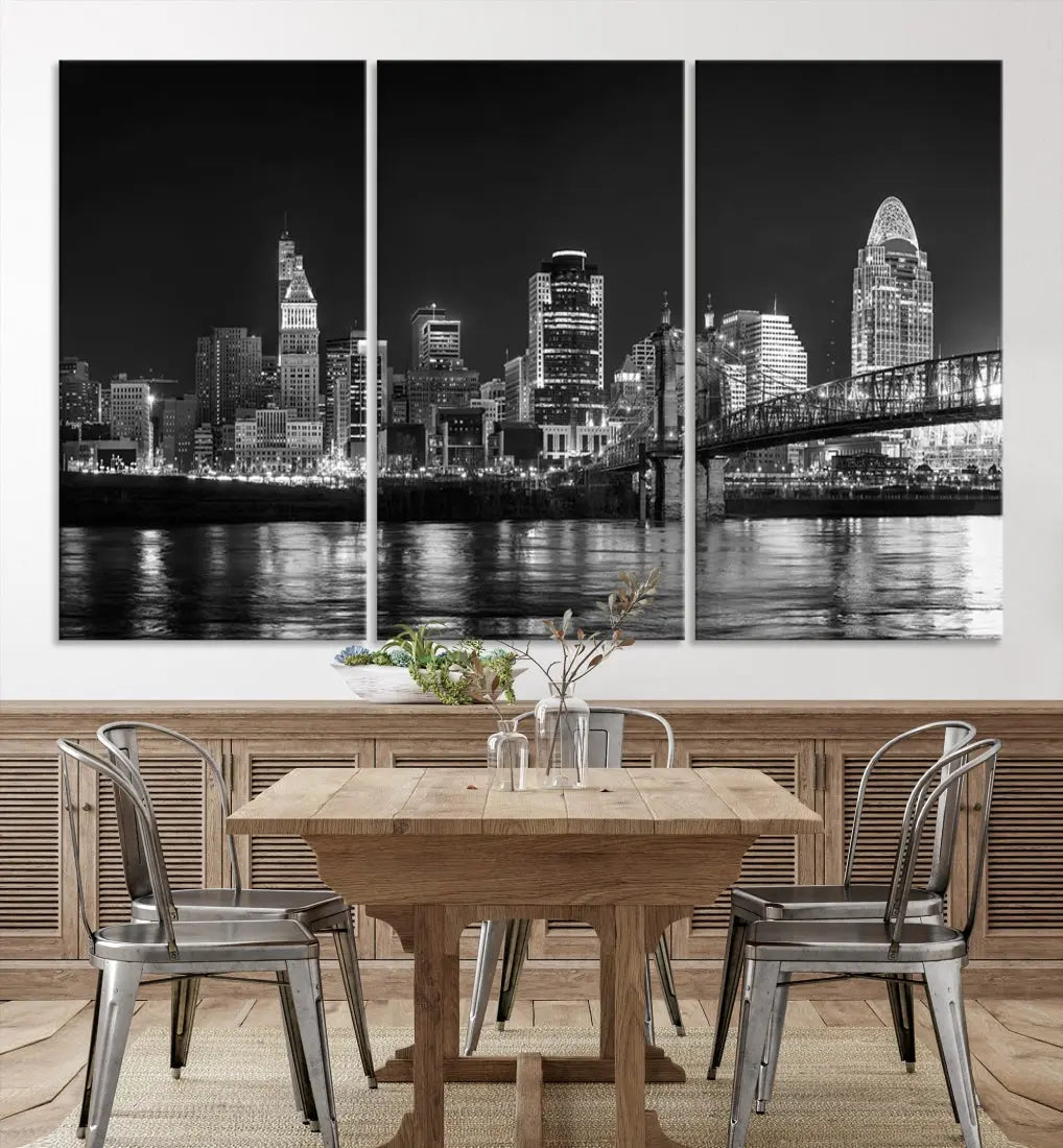 Black and White Cincinnati Print Large Skyline Wall Art Cityscape Canvas