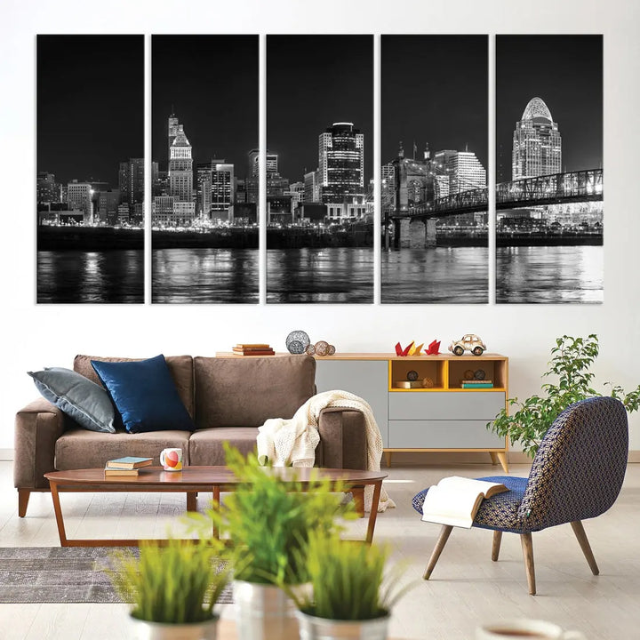 Black and White Cincinnati Print Large Skyline Wall Art Cityscape Canvas