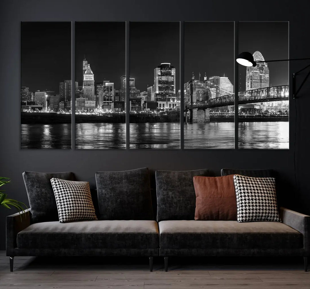 Black and White Cincinnati Print Large Skyline Wall Art Cityscape Canvas