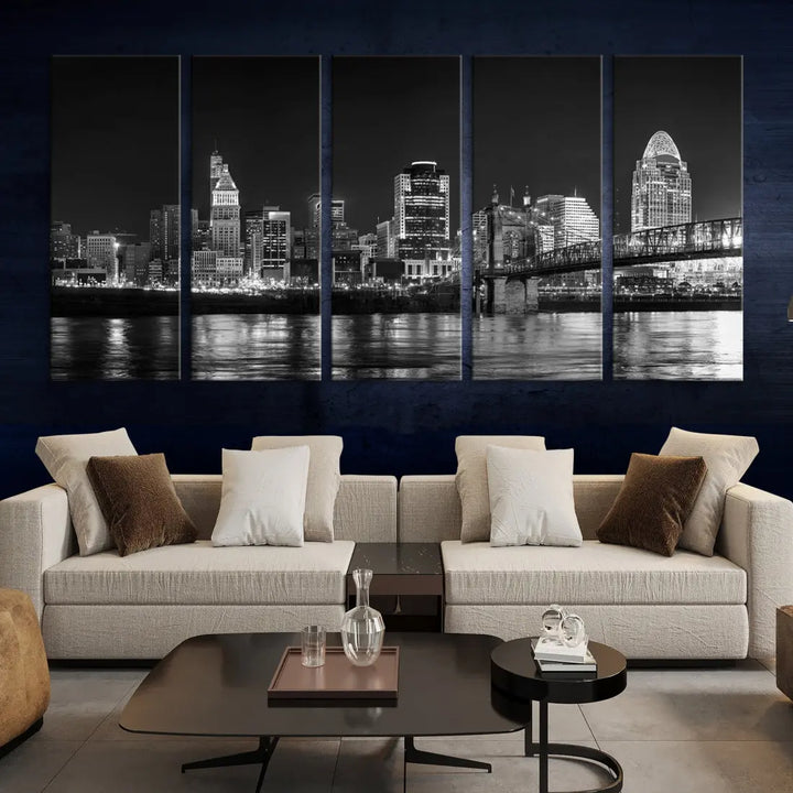 Black and White Cincinnati Print Large Skyline Wall Art Cityscape Canvas