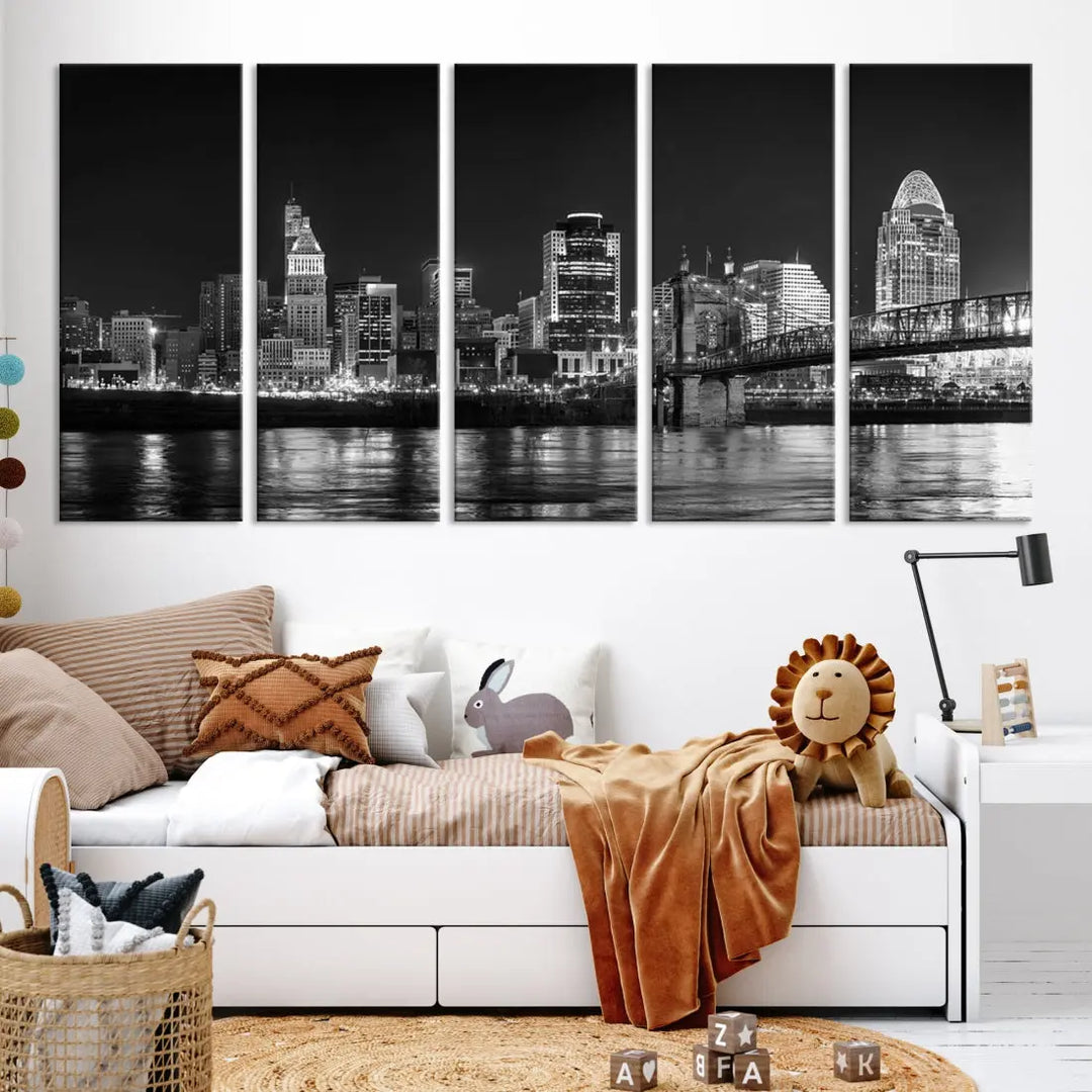 Black and White Cincinnati Print Large Skyline Wall Art Cityscape Canvas