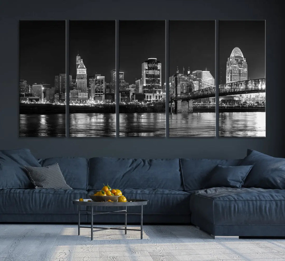 Black and White Cincinnati Print Large Skyline Wall Art Cityscape Canvas