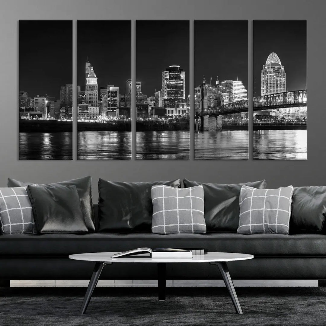 Black and White Cincinnati Print Large Skyline Wall Art Cityscape Canvas