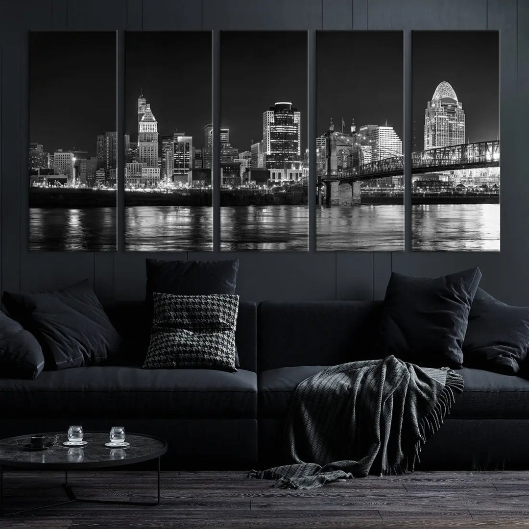 Black and White Cincinnati Print Large Skyline Wall Art Cityscape Canvas