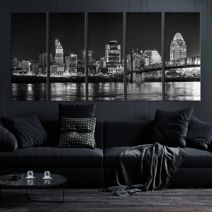 Black and White Cincinnati Print Large Skyline Wall Art Cityscape Canvas