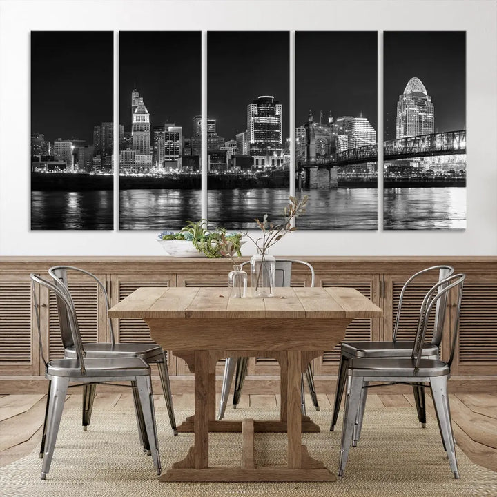 Black and White Cincinnati Print Large Skyline Wall Art Cityscape Canvas