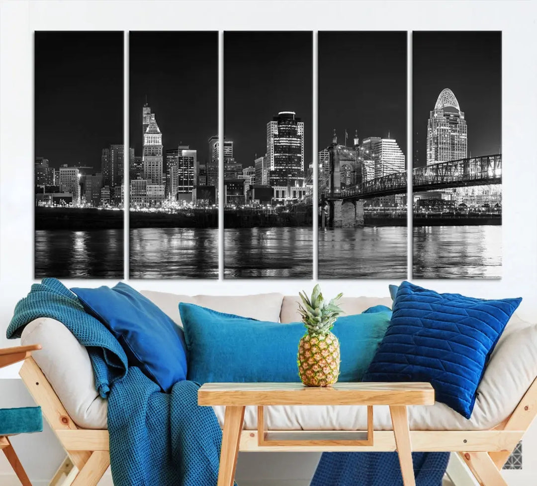 Black and White Cincinnati Print Large Skyline Wall Art Cityscape Canvas