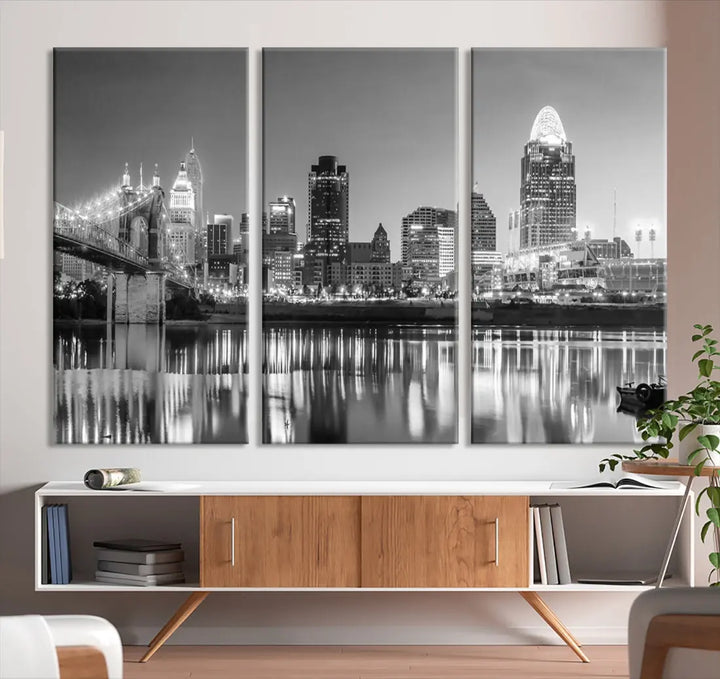 Black and White Cincinnati Skyline Wall Art Cityscape Canvas Print