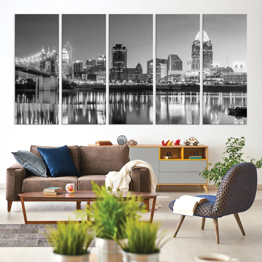 Black and White Cincinnati Skyline Wall Art Cityscape Canvas Print