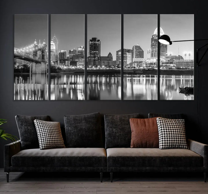 Black and White Cincinnati Skyline Wall Art Cityscape Canvas Print