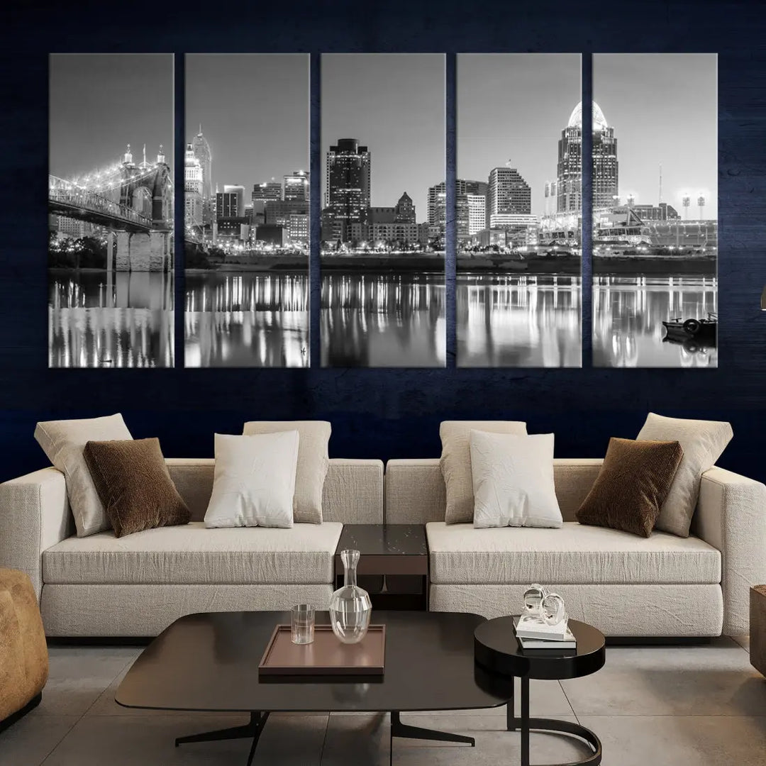 Black and White Cincinnati Skyline Wall Art Cityscape Canvas Print