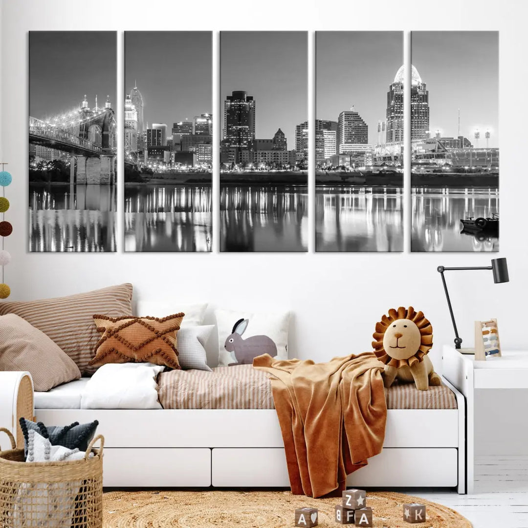 Black and White Cincinnati Skyline Wall Art Cityscape Canvas Print