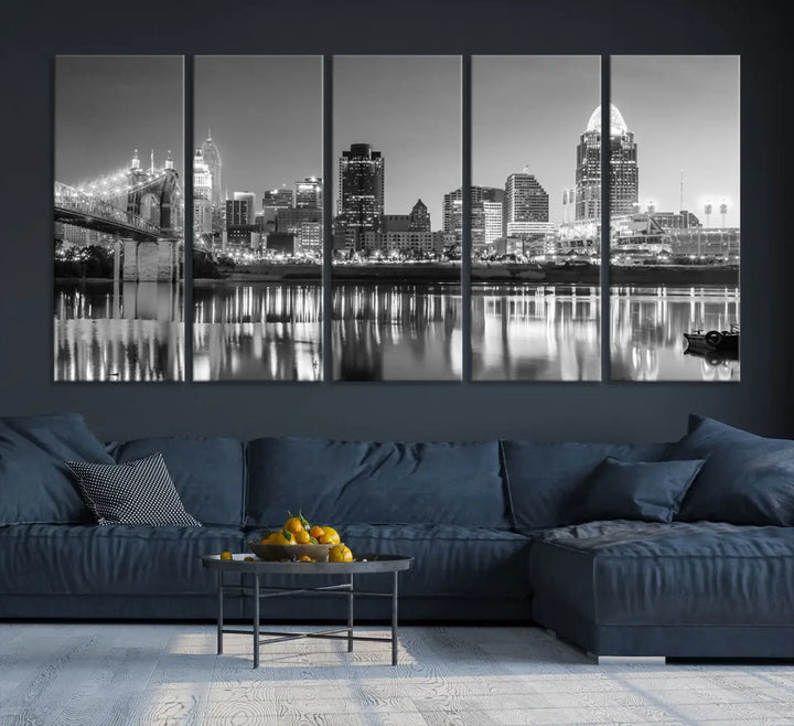 Black and White Cincinnati Skyline Wall Art Cityscape Canvas Print