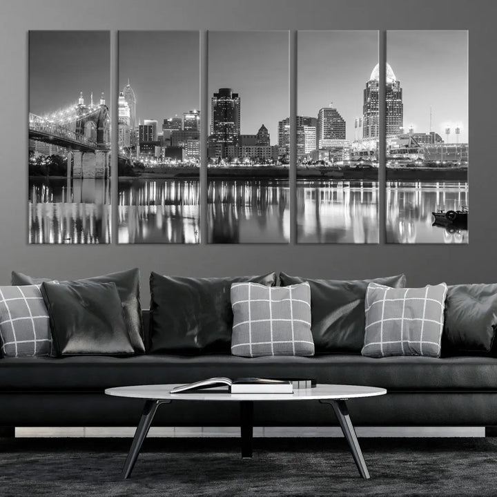 Black and White Cincinnati Skyline Wall Art Cityscape Canvas Print