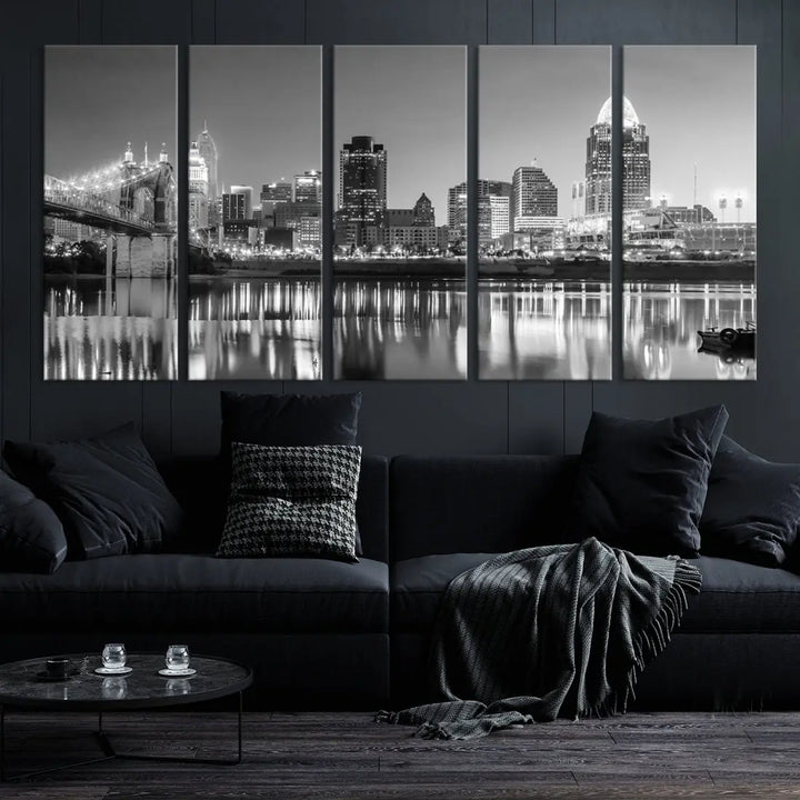 Black and White Cincinnati Skyline Wall Art Cityscape Canvas Print