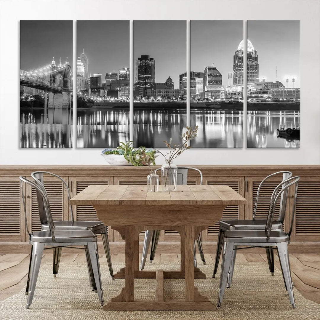 Black and White Cincinnati Skyline Wall Art Cityscape Canvas Print