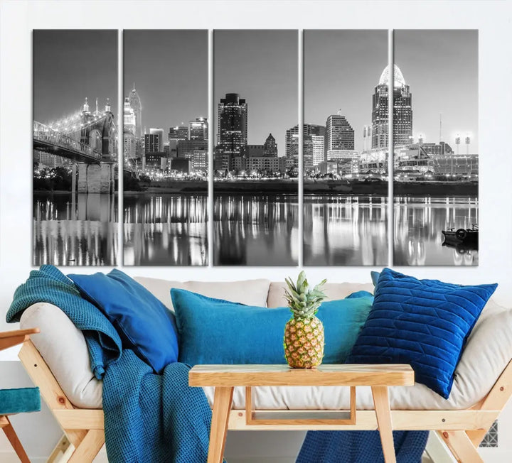 Black and White Cincinnati Skyline Wall Art Cityscape Canvas Print