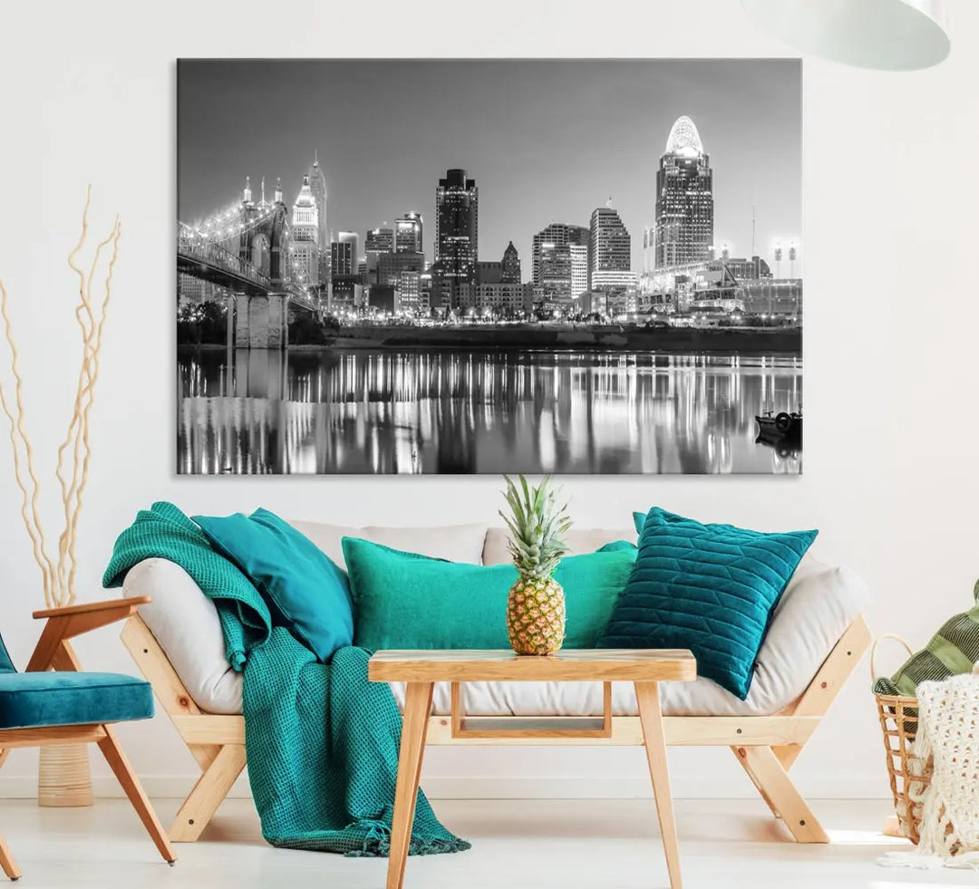 Black and White Cincinnati Skyline Wall Art Cityscape Canvas Print